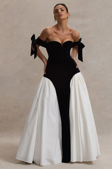 Cyndi Black & Cream Velvet Bardot Maxi Dress With Volume Skirt